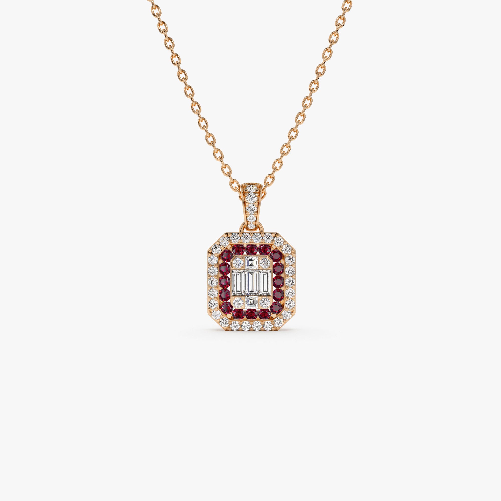 14k Baguette and Round Ruby Necklace with Halo Setting  Ferkos Fine Jewelry