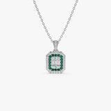 14k Baguette and Round Emerald Necklace with Halo Setting 14K White Gold Ferkos Fine Jewelry