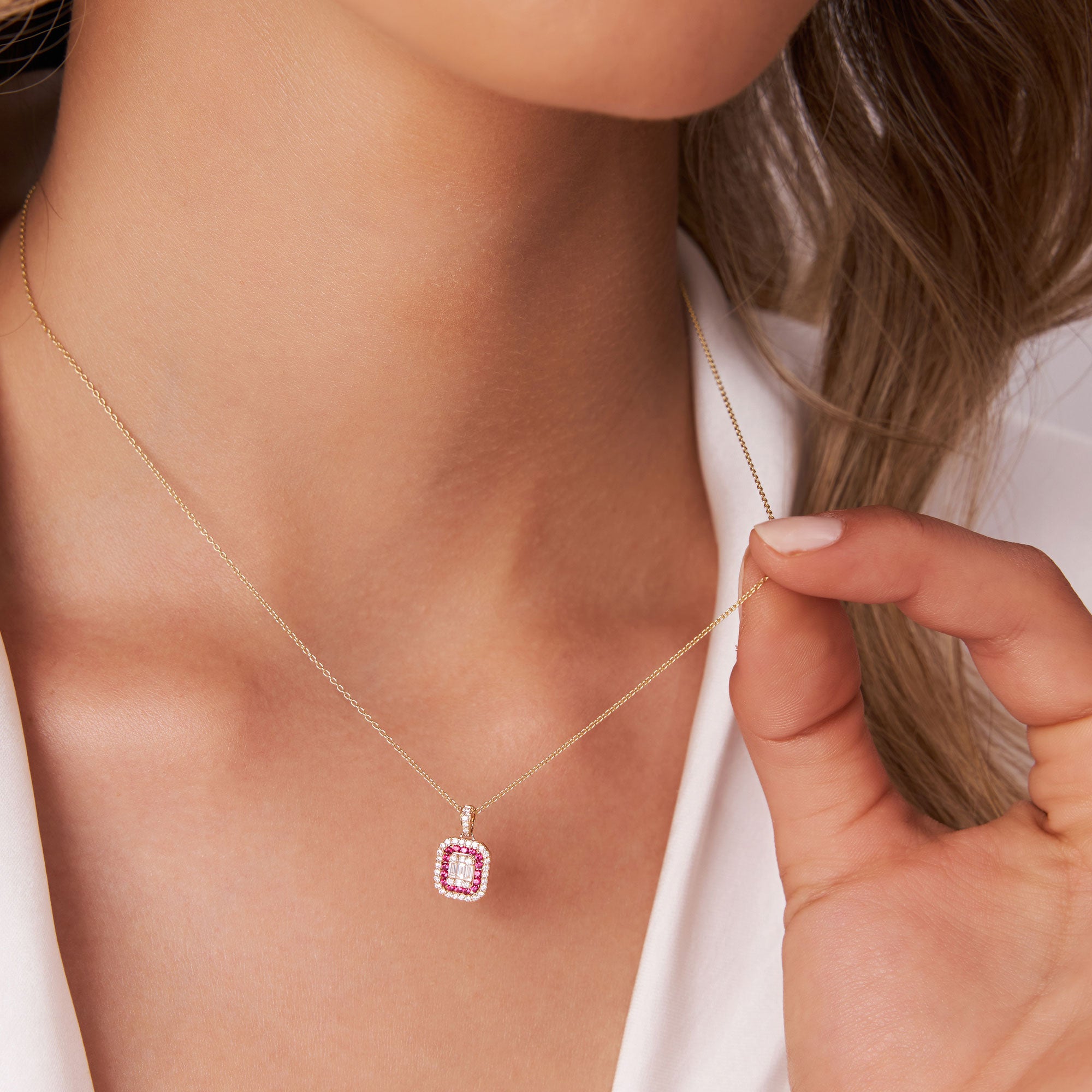 14k Baguette and Round Ruby Necklace with Halo Setting  Ferkos Fine Jewelry