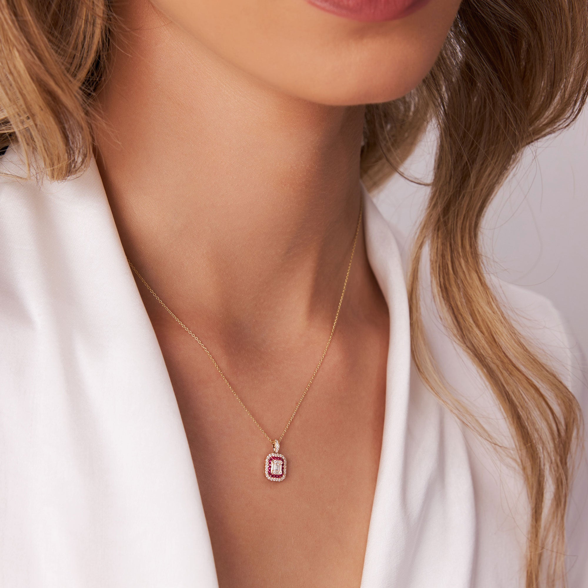 14k Baguette and Round Ruby Necklace with Halo Setting  Ferkos Fine Jewelry