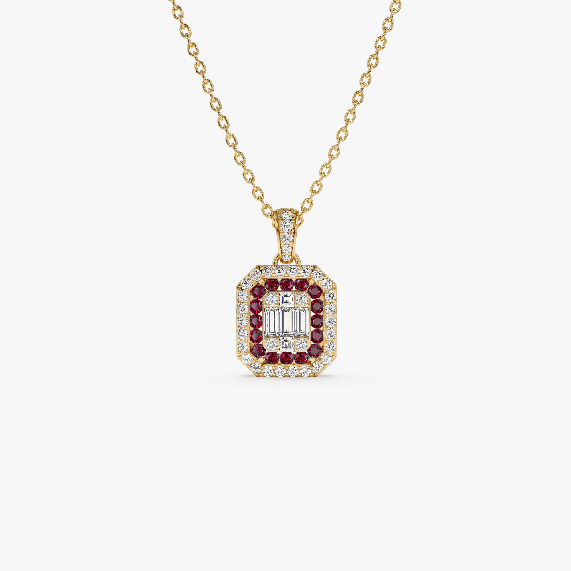14k Baguette and Round Ruby Necklace with Halo Setting 14K Gold Ferkos Fine Jewelry