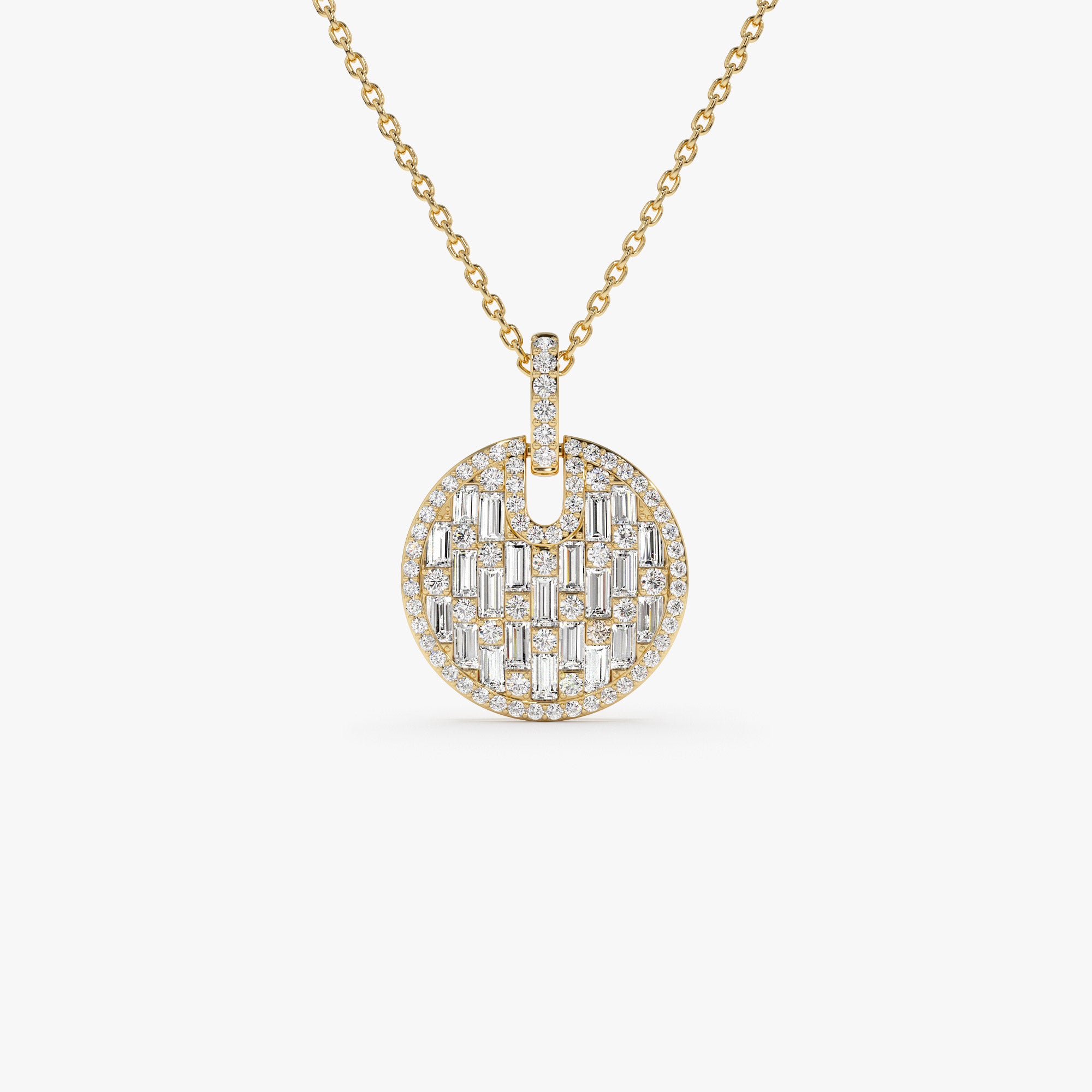 14k Unique Baguette and Round Diamond Disc Necklace 14k Gold Ferkos Fine Jewelry