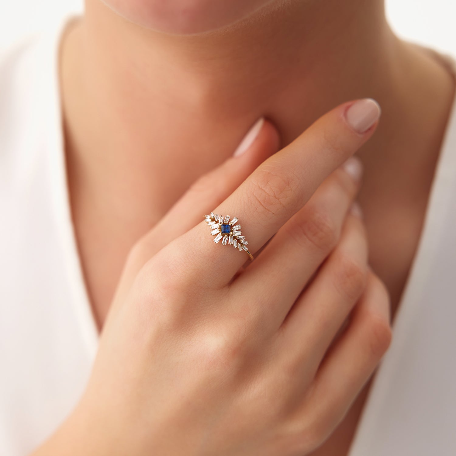 14K Baguette Diamond Ring with Square Sapphire  Ferkos Fine Jewelry
