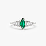 14k Gold Marquise Shape Emerald  Ring with Baguette Accents 14K White Gold Ferkos Fine Jewelry