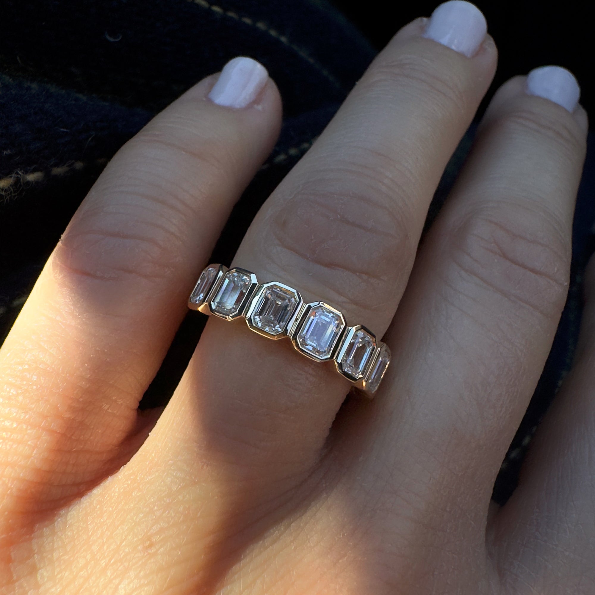 1.45 ctw 14k Bezel Setting Seven Stone Emerald Cut Lab Grown Diamond Wedding Ring - Zoey Ferkos Fine Jewelry