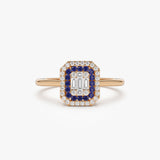 14k Baguette and Round Sapphire Ring with Halo Setting 14K Rose Gold Ferkos Fine Jewelry