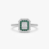 14k Baguette and Round Emerald Ring with Halo Setting 14K White Gold Ferkos Fine Jewelry