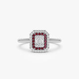 14k Baguette and Round Ruby Ring with Halo Setting 14K White Gold Ferkos Fine Jewelry