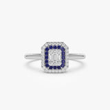 14k Baguette and Round Sapphire Ring with Halo Setting 14K White Gold Ferkos Fine Jewelry