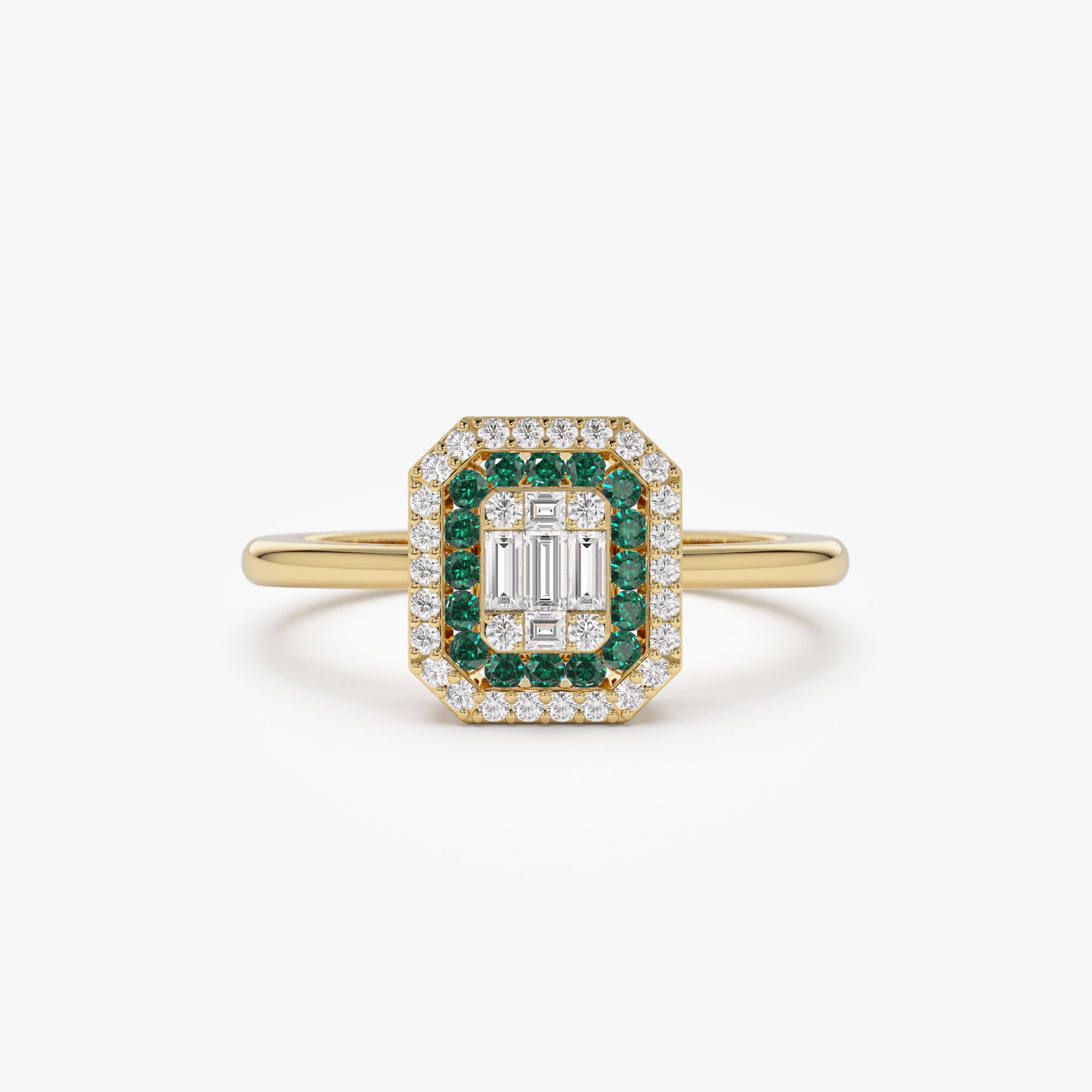 14k Baguette and Round Emerald Ring with Halo Setting 14K Gold Ferkos Fine Jewelry