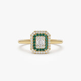 14k Baguette and Round Emerald Ring with Halo Setting 14K Gold Ferkos Fine Jewelry
