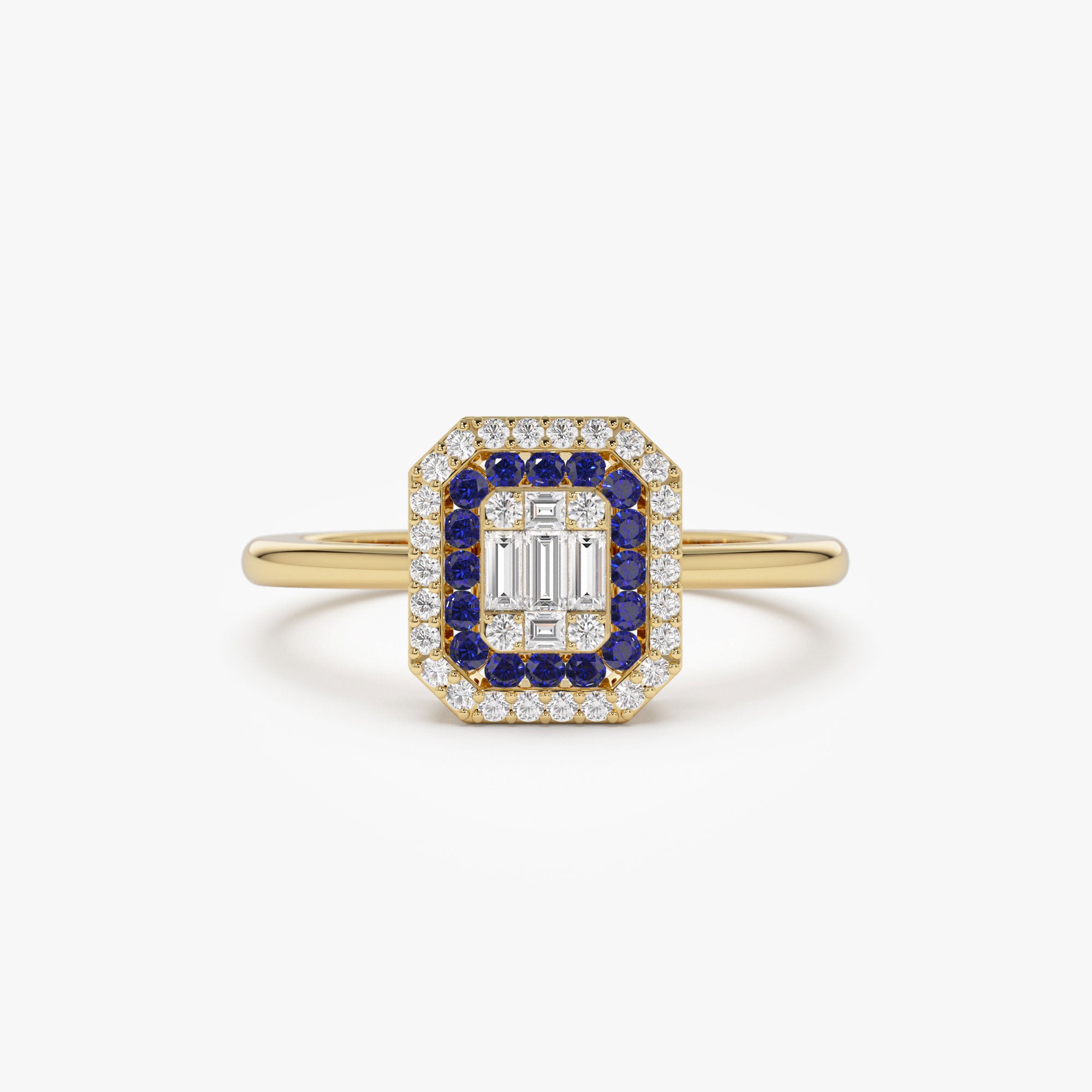 14k Baguette and Round Sapphire Ring with Halo Setting 14K Gold Ferkos Fine Jewelry