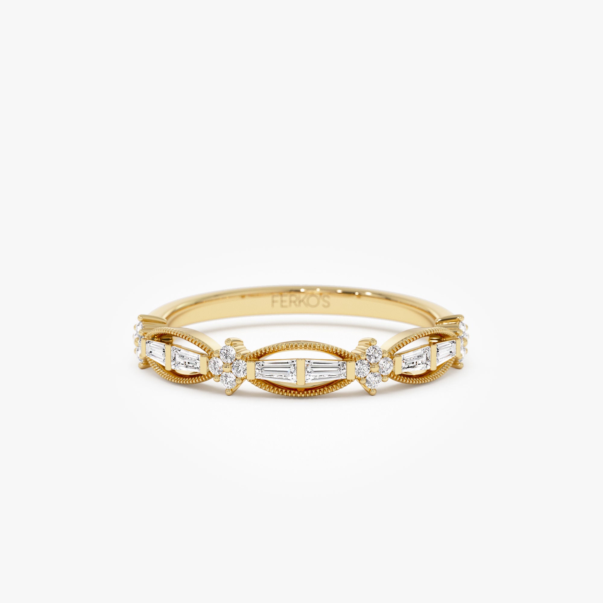14k Vintage Inspired Baguette Diamond Wedding RIng 14K Gold Ferkos Fine Jewelry