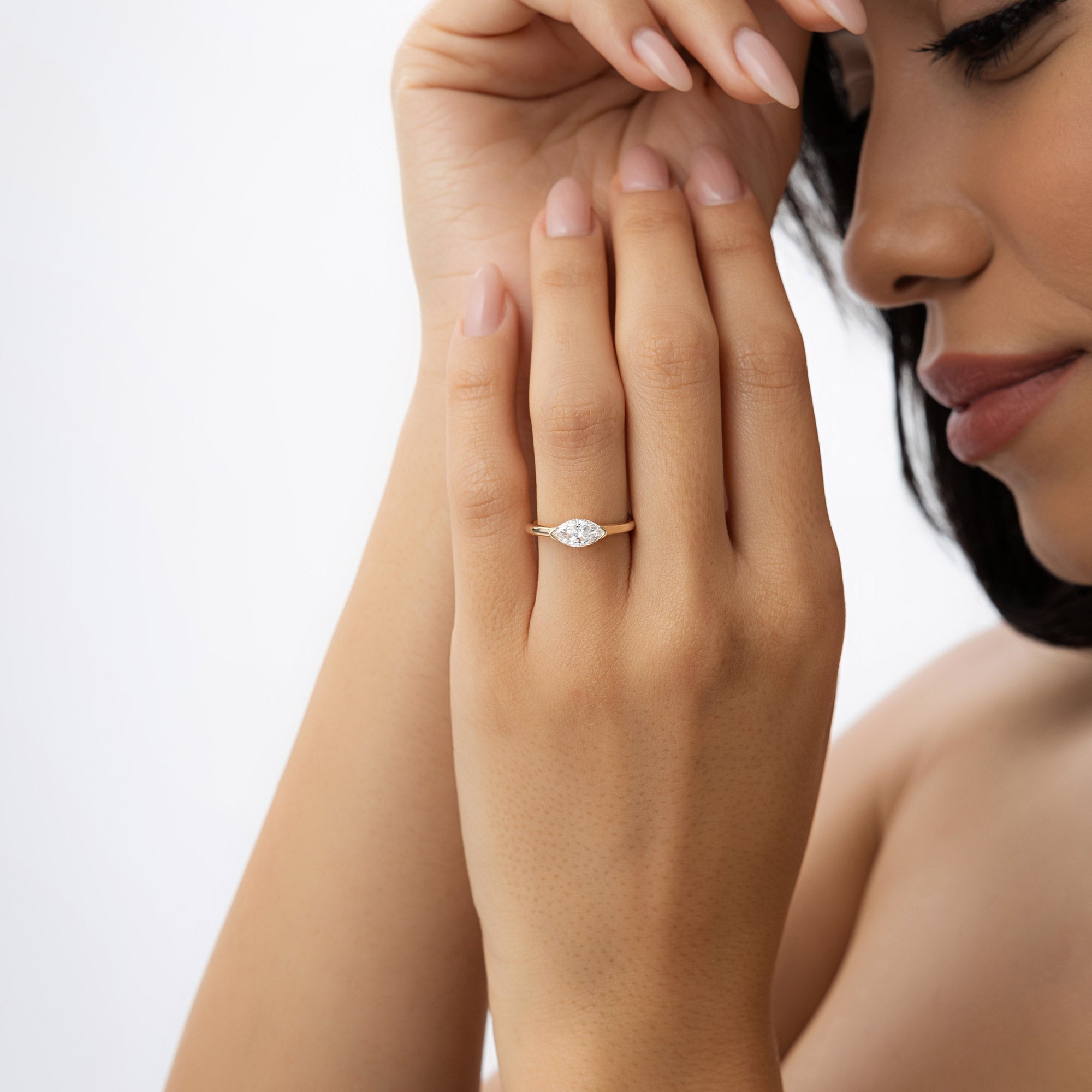 0.75 ctw 14k Marquise Shaped East-West Lab Grown Engagement Ring - Olivia Ferkos Fine Jewelry