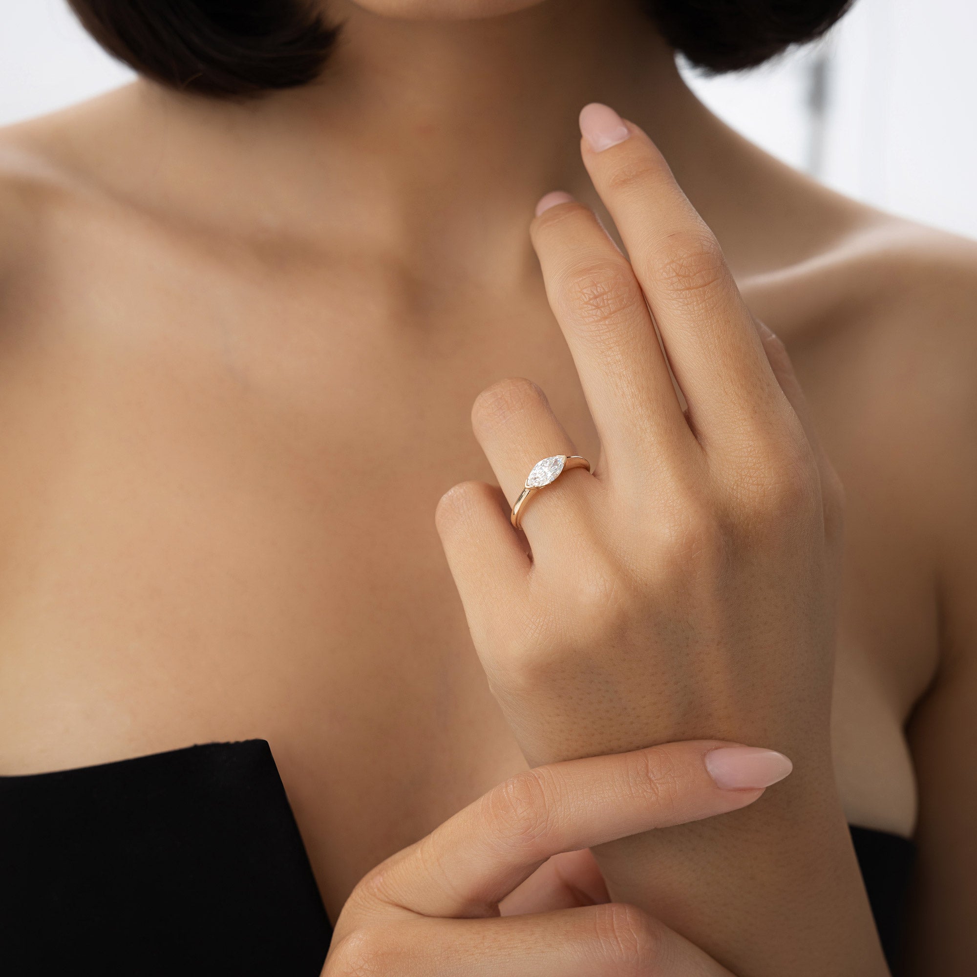 0.75 ctw 14k Marquise Shaped East-West Lab Grown Engagement Ring - Olivia Ferkos Fine Jewelry