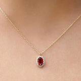 14K Rose Gold Oval Cut Ruby Halo Diamond Necklace