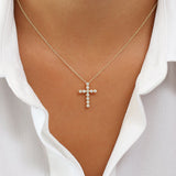 14K Rose Gold Bezel Setting With Milgrain Diamond Cross Necklace