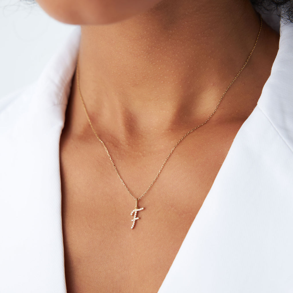 Script F Diamond Stone 14k Diamond Script Initial Necklace – Ferkos Fine Jewelry