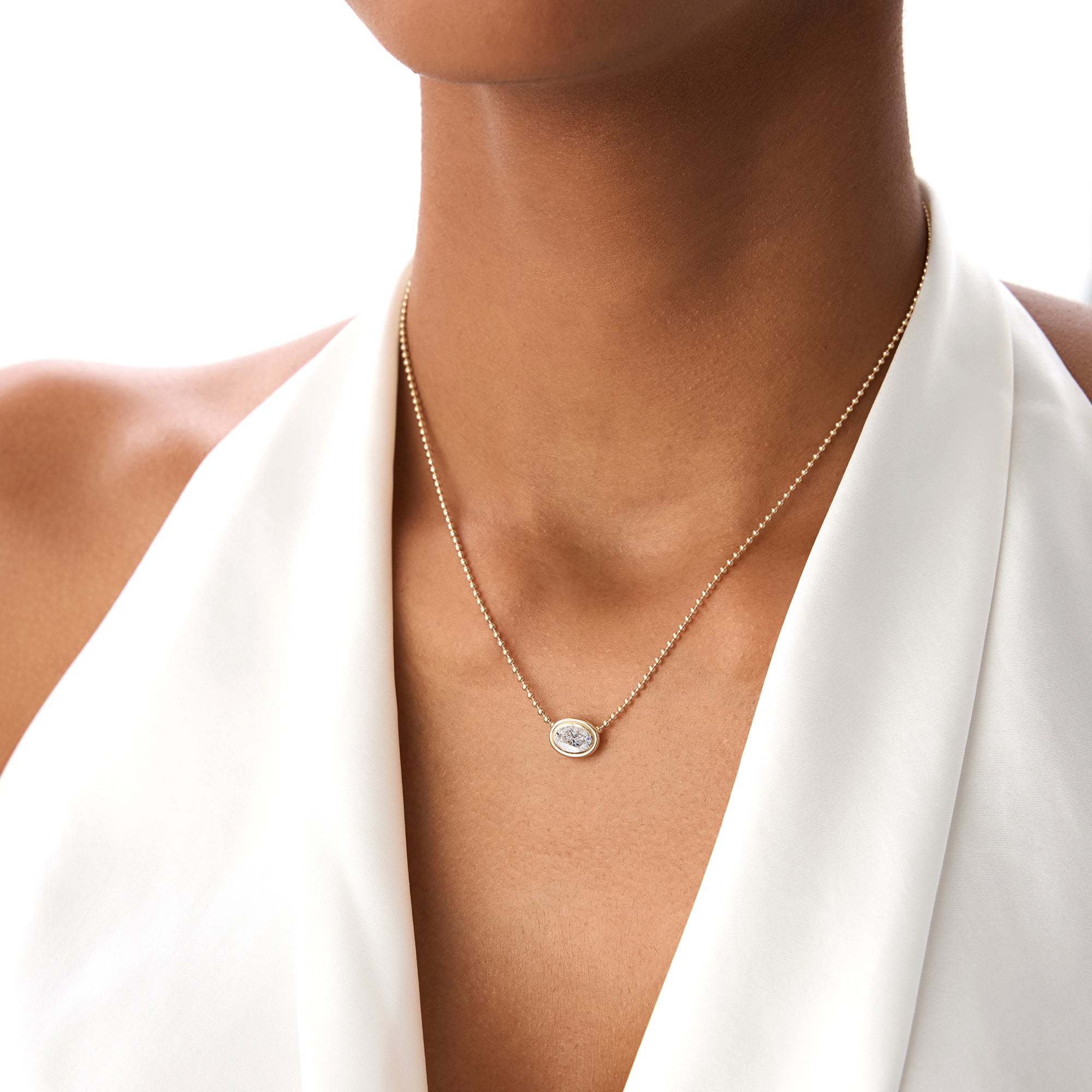 0.75 Ctw 14k Gold Oval Shape Bezel Lab Grown Diamond Beaded Necklace - Lega Ferkos Fine Jewelry