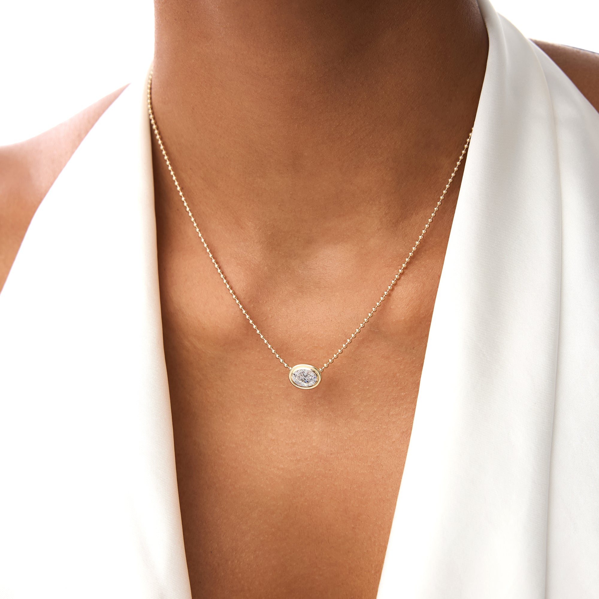 0.75 Ctw 14k Gold Oval Shape Bezel Lab Grown Diamond Beaded Necklace - Lega Ferkos Fine Jewelry