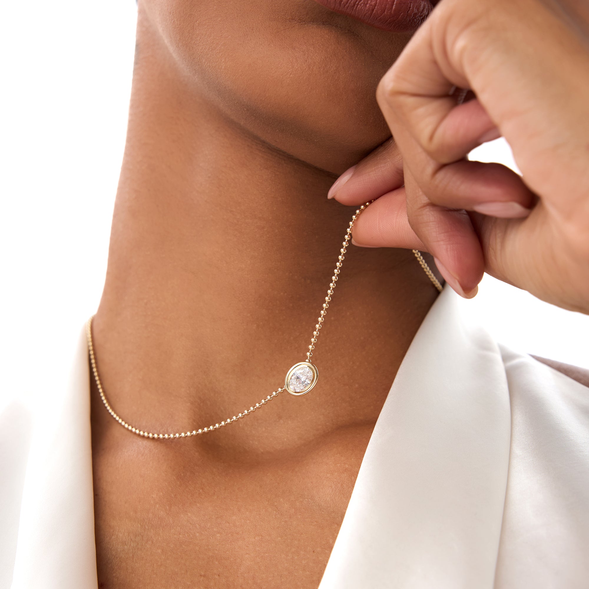 0.75 Ctw 14k Gold Oval Shape Bezel Lab Grown Diamond Beaded Necklace - Lega Ferkos Fine Jewelry