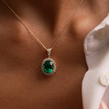 3.60 Ctw 14k Lab Grown Colombian Emerald and Diamond Halo Pendant Necklace - Aura Ferkos Fine Jewelry