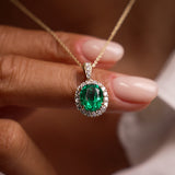 3.60 Ctw 14k Lab Grown Colombian Emerald and Diamond Halo Pendant Necklace - Aura Ferkos Fine Jewelry