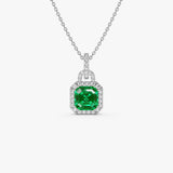 1.90 Ctw 14K Emerald Cut Lab Grown Colombian Emerald Diamond Halo Pendant - Diya Ferkos Fine Jewelry