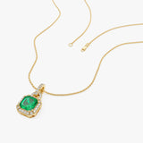 1.90 Ctw 14K Emerald Cut Lab Grown Colombian Emerald Diamond Halo Pendant - Diya Ferkos Fine Jewelry