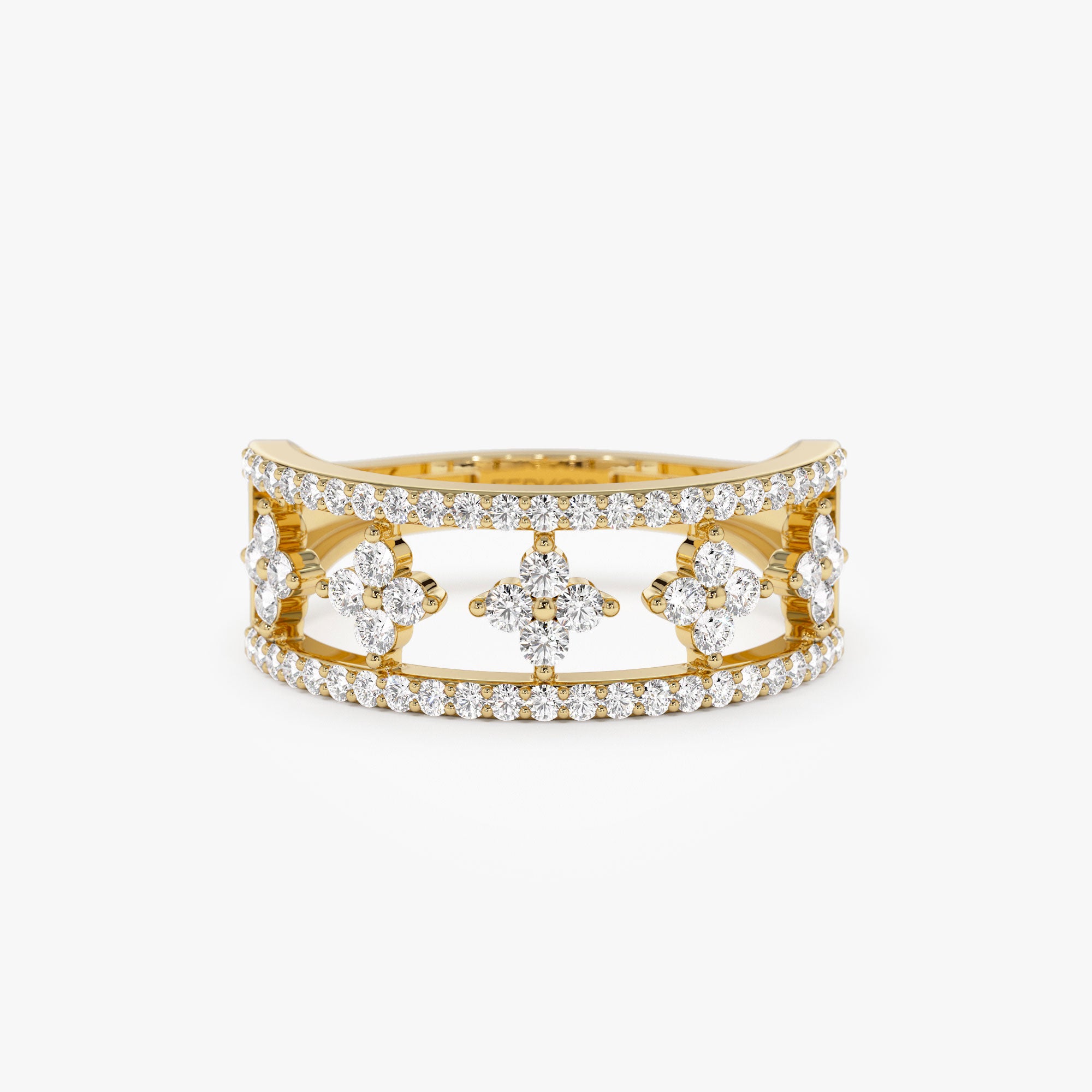 14k Double Row Pave Diamond Ring w/ Diamond Cluster Accents 14K Gold Ferkos Fine Jewelry