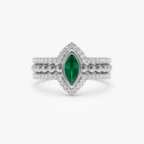 14k Marquise Shaped Emerald Ring with Nesting Diamond Bands 14K White Gold Ferkos Fine Jewelry