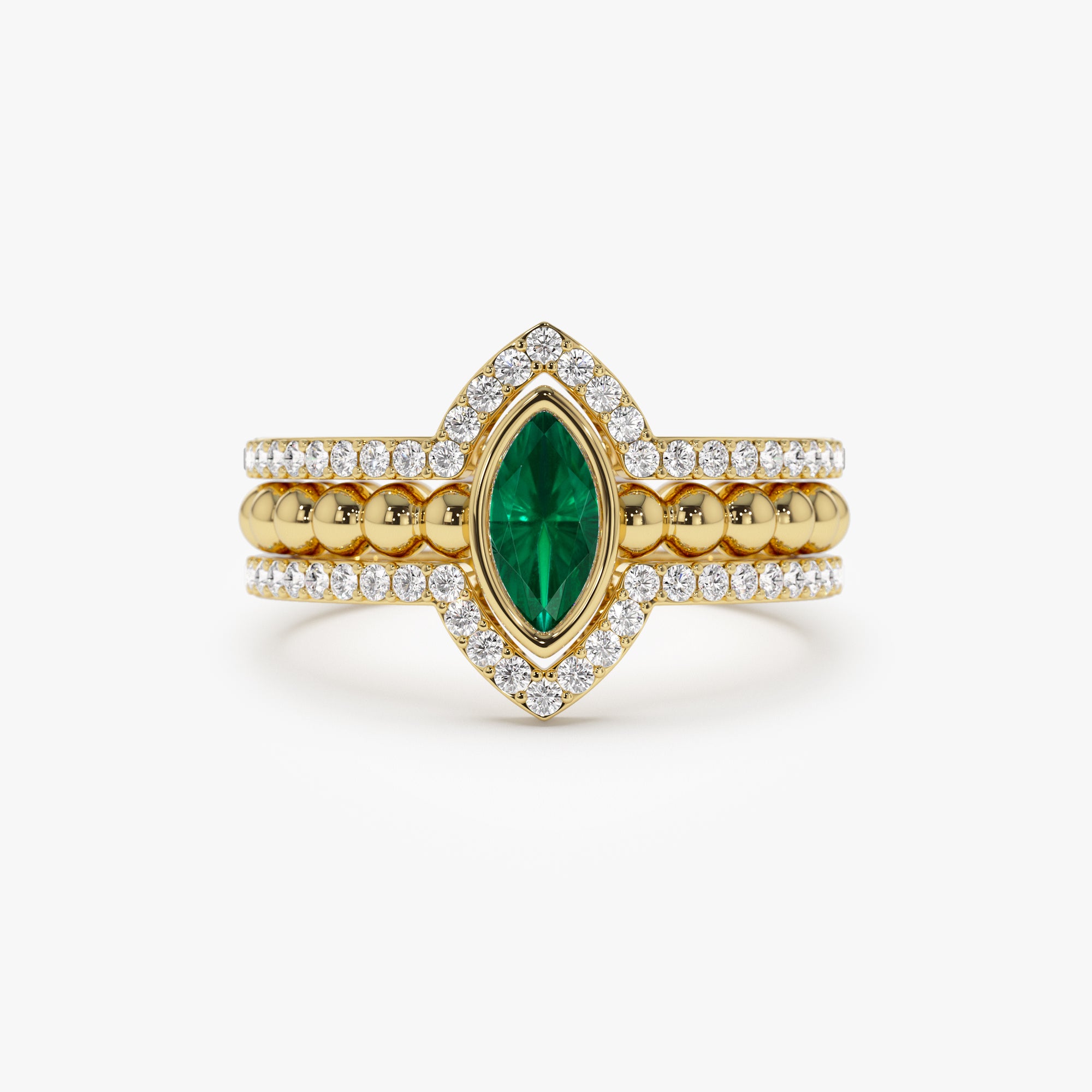 14k Marquise Shaped Emerald Ring with Nesting Diamond Bands 14K Gold Ferkos Fine Jewelry