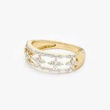 14k Wide Band Ring with Baguette and Round Diamond Cluster Accents Ferkos Fine Jewelry
