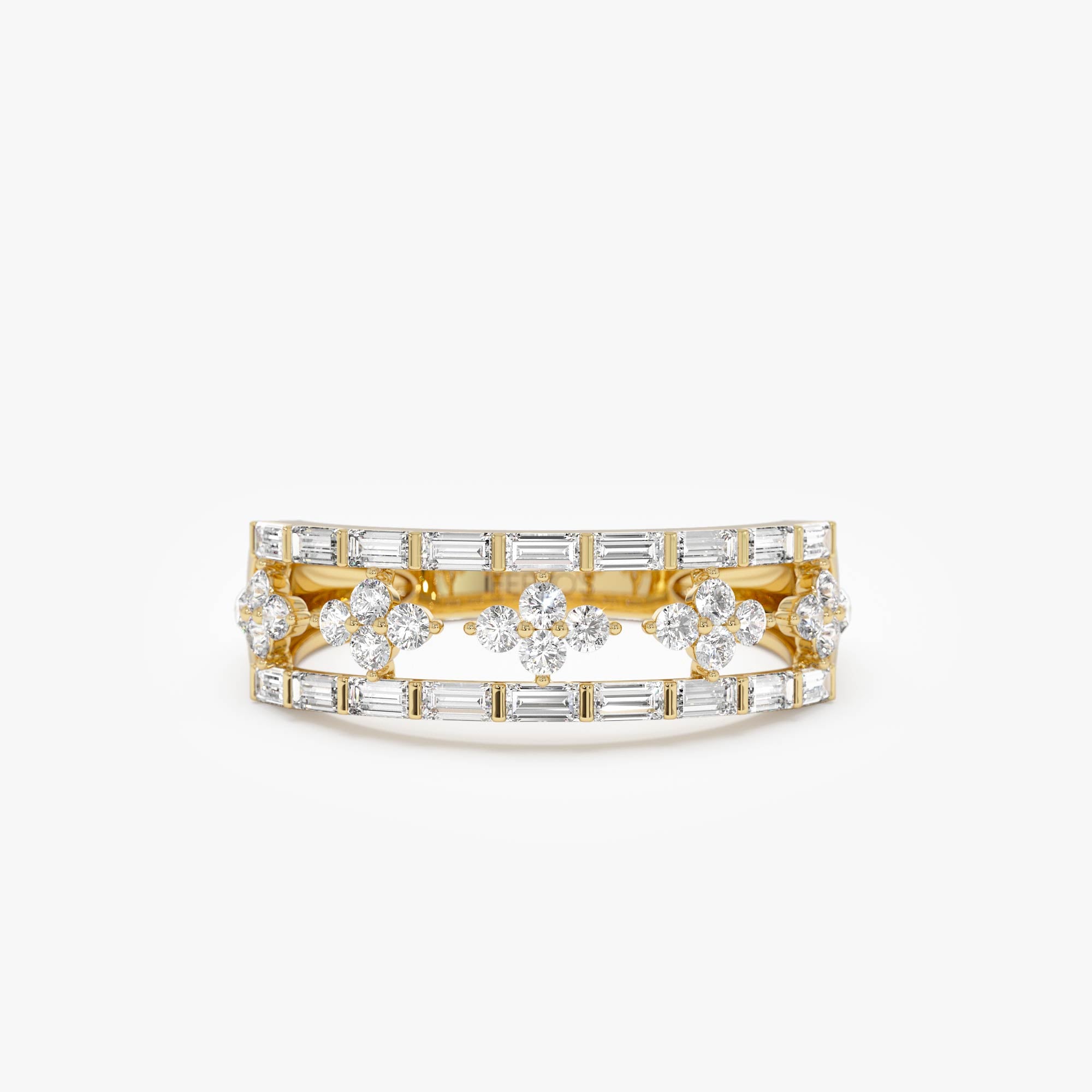 14k Wide Band Ring with Baguette and Round Diamond Cluster Accents 14k Gold Ferkos Fine Jewelry