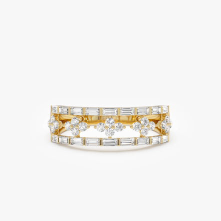 14k Wide Band Ring with Baguette and Round Diamond Cluster Accents 14k Gold Ferkos Fine Jewelry