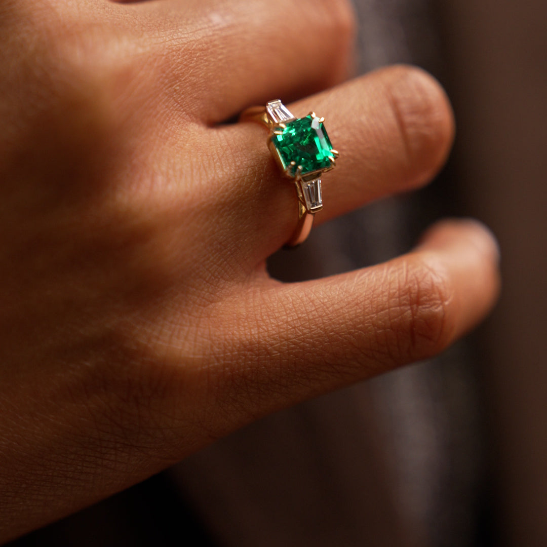 2.35 Ctw 14k Asscher Cut Lab Grown Colombian Emerald and Baguette Diamond Ring - Lena Ferkos Fine Jewelry