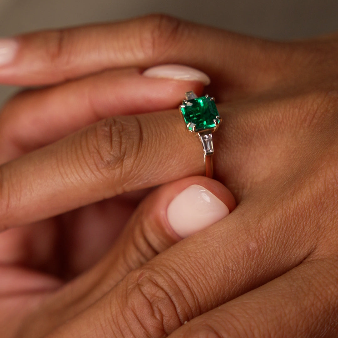 2.35 Ctw 14k Asscher Cut Lab Grown Colombian Emerald and Baguette Diamond Ring - Lena Ferkos Fine Jewelry