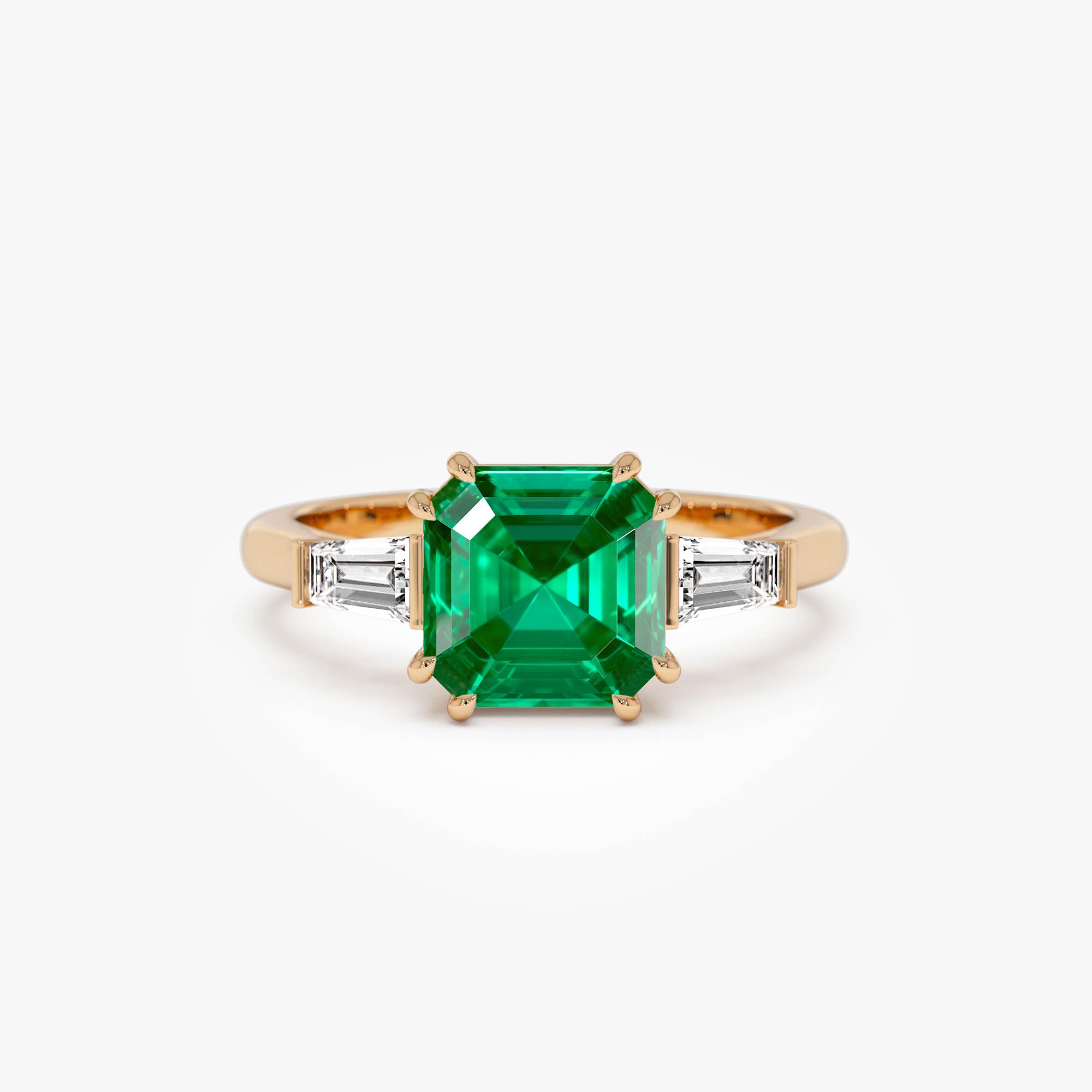 2.35 Ctw 14k Asscher Cut Lab Grown Colombian Emerald and Baguette Diamond Ring - Lena Ferkos Fine Jewelry
