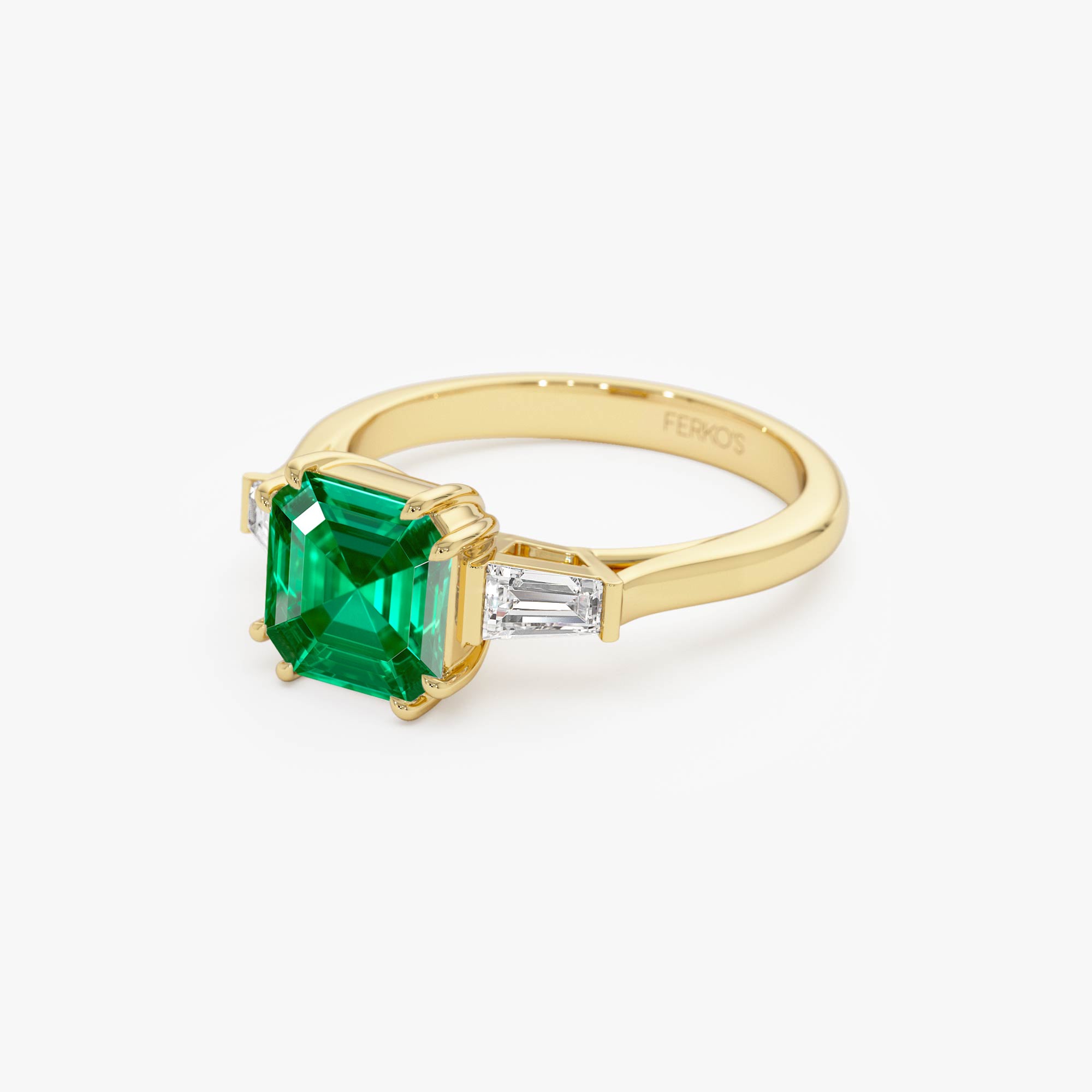 2.35 Ctw 14k Asscher Cut Lab Grown Colombian Emerald and Baguette Diamond Ring - Lena Ferkos Fine Jewelry