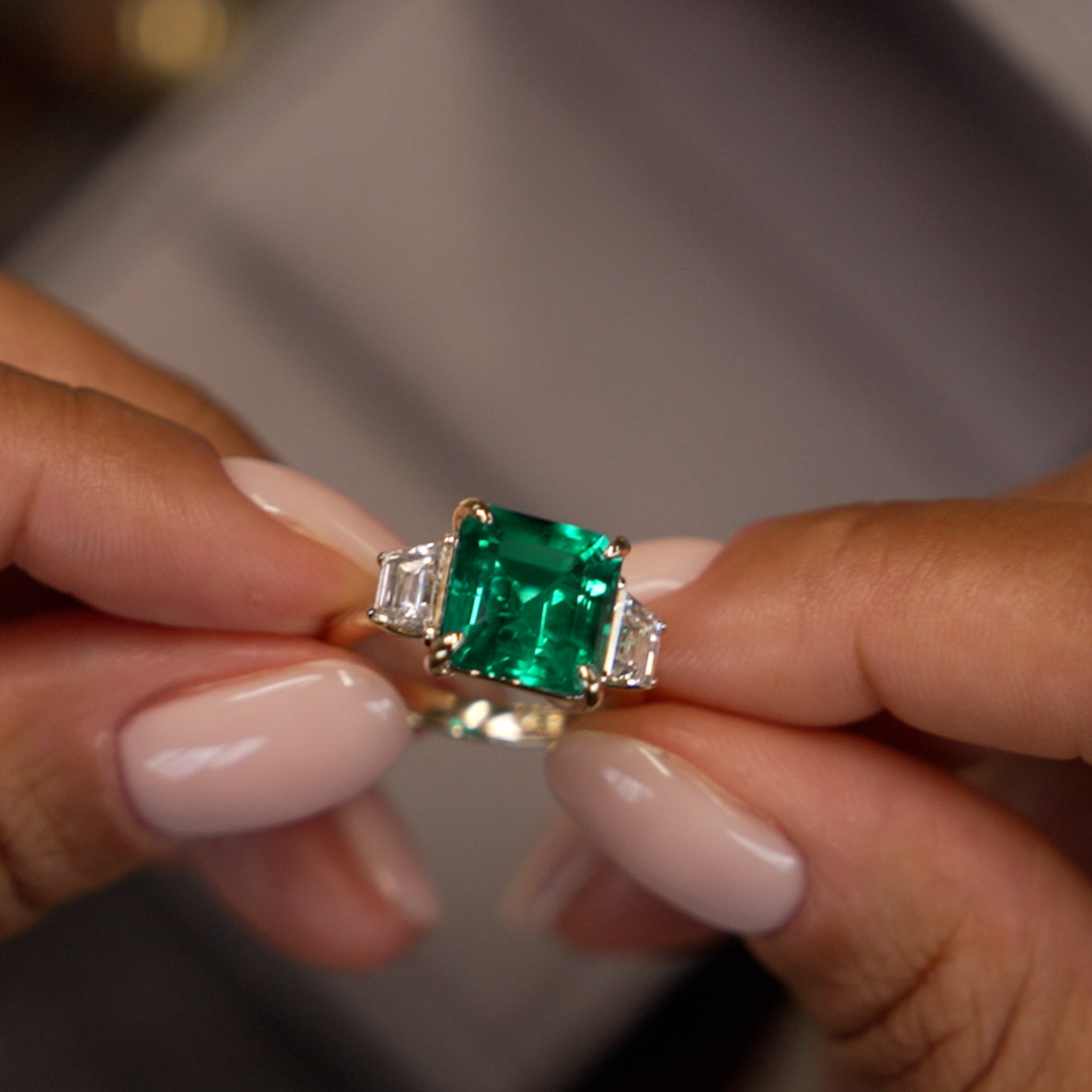 6.00 Ctw Lab Grown Colombian Emerald and Trapezoid Diamond Three Stone Engagement Ring - Demi Ferkos Fine Jewelry