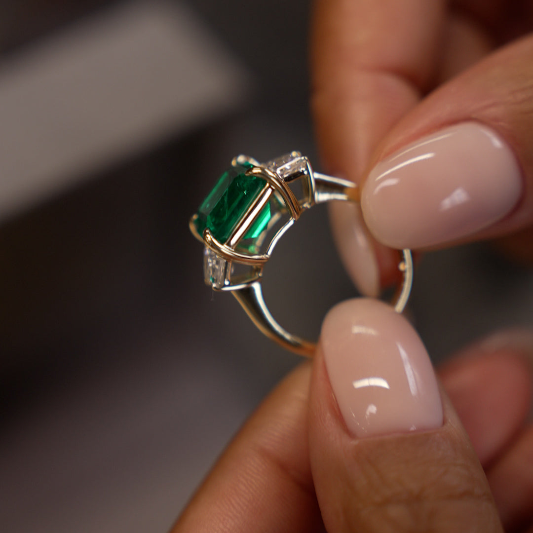 6.00 Ctw Lab Grown Colombian Emerald and Trapezoid Diamond Three Stone Engagement Ring - Demi Ferkos Fine Jewelry