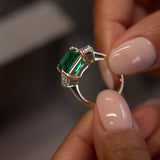 6.00 Ctw Lab Grown Colombian Emerald and Trapezoid Diamond Three Stone Engagement Ring - Demi Ferkos Fine Jewelry