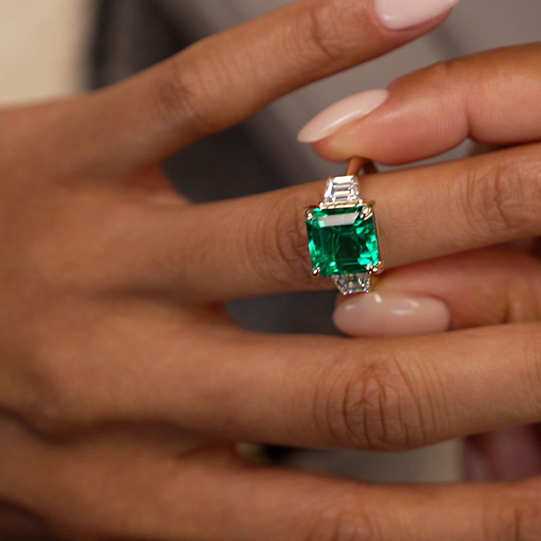 6.00 Ctw Lab Grown Colombian Emerald and Trapezoid Diamond Three Stone Engagement Ring - Demi Ferkos Fine Jewelry