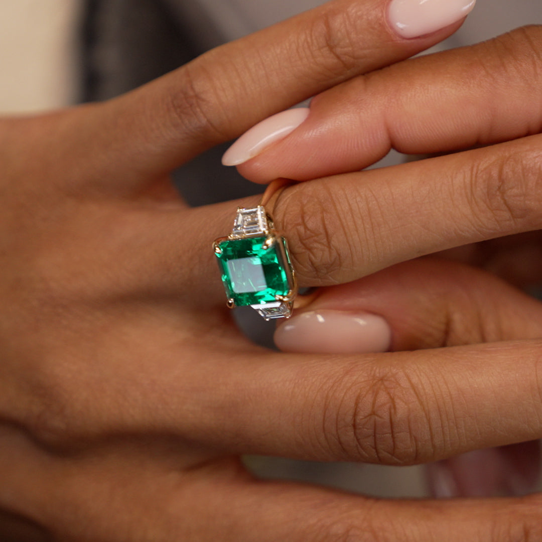 6.00 Ctw Lab Grown Colombian Emerald and Trapezoid Diamond Three Stone Engagement Ring - Demi Ferkos Fine Jewelry