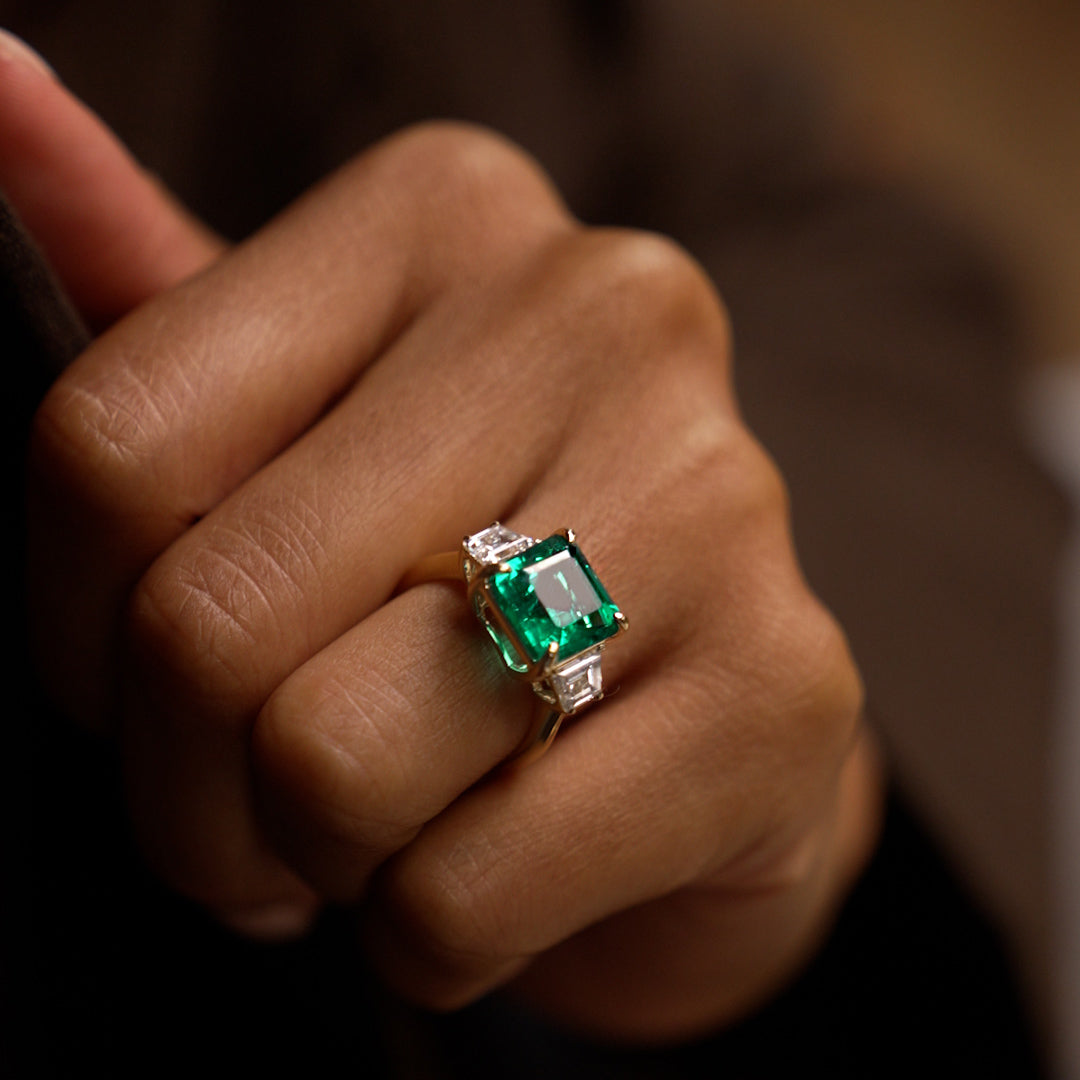 6.00 Ctw Lab Grown Colombian Emerald and Trapezoid Diamond Three Stone Engagement Ring - Demi Ferkos Fine Jewelry