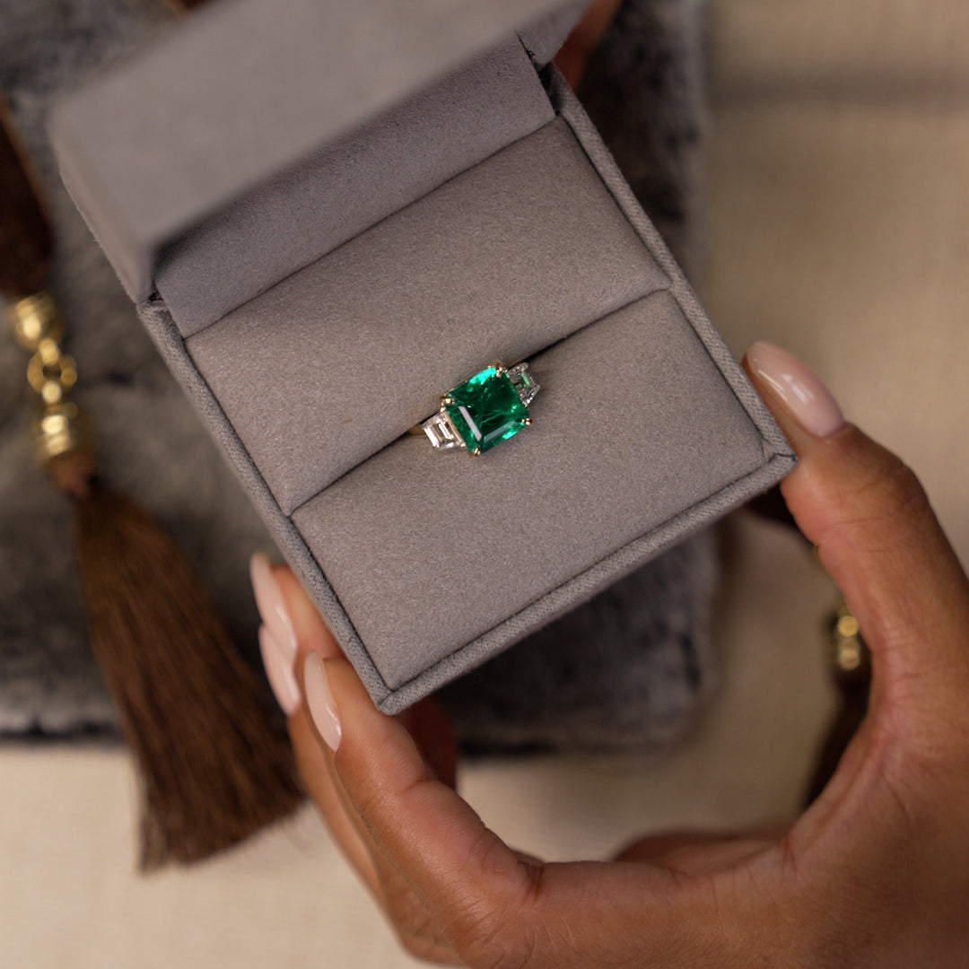6.00 Ctw Lab Grown Colombian Emerald and Trapezoid Diamond Three Stone Engagement Ring - Demi Ferkos Fine Jewelry