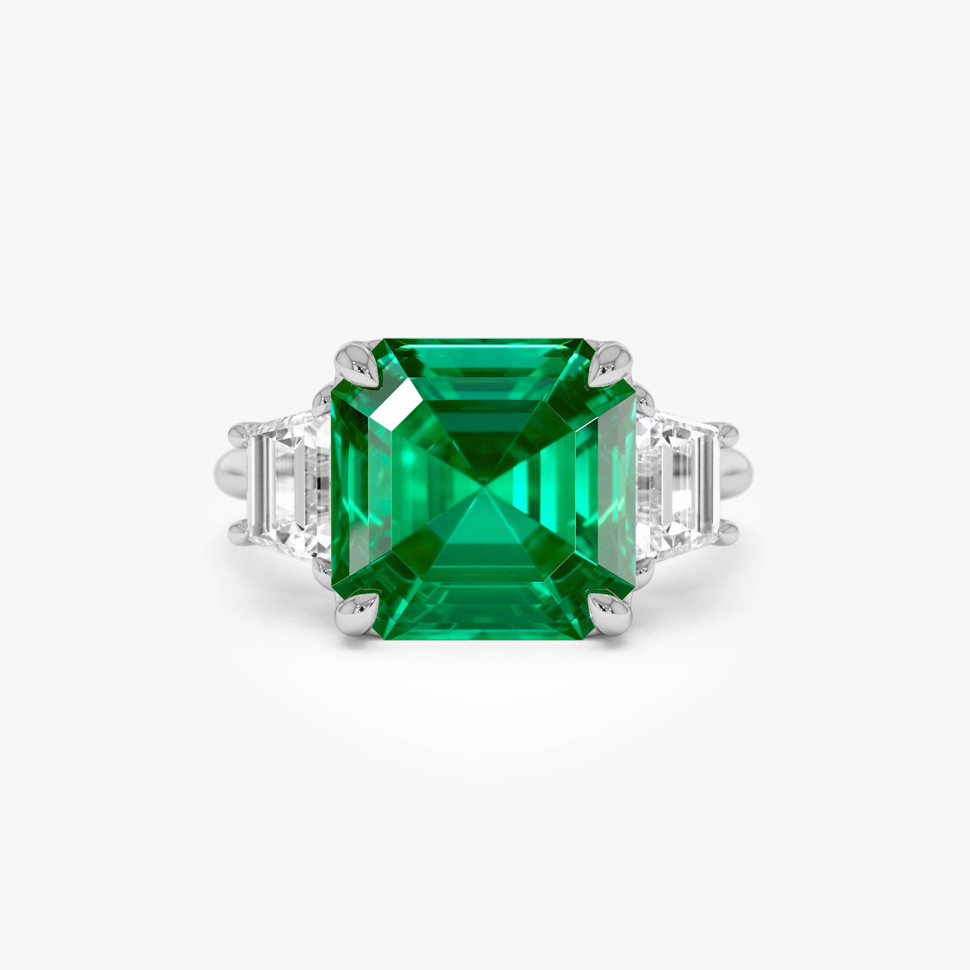 6.00 Ctw Lab Grown Colombian Emerald and Trapezoid Diamond Three Stone Engagement Ring - Demi 14k White Gold Ferkos Fine Jewelry