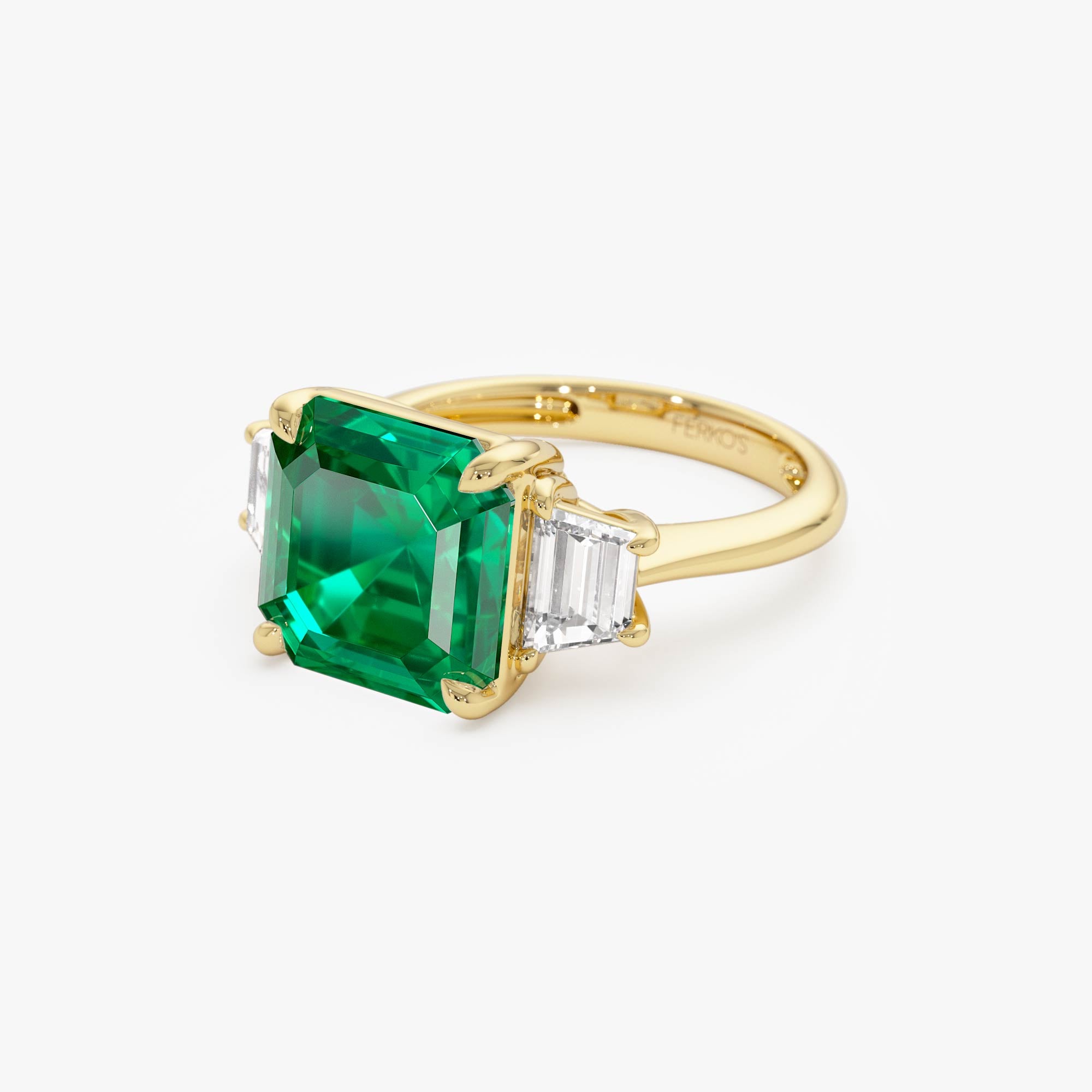 6.00 Ctw Lab Grown Colombian Emerald and Trapezoid Diamond Three Stone Engagement Ring - Demi Ferkos Fine Jewelry