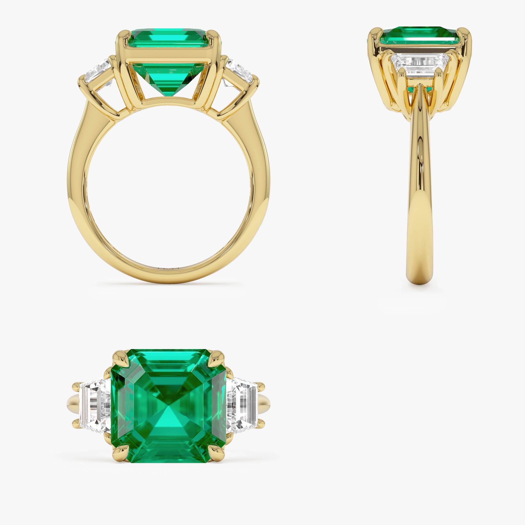 6.00 Ctw Lab Grown Colombian Emerald and Trapezoid Diamond Three Stone Engagement Ring - Demi Ferkos Fine Jewelry