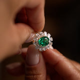 5.30 Ctw 14k Lab Grown Colombian Emerald and Oval Diamond Halo Statement Ring - Nysa Ferkos Fine Jewelry